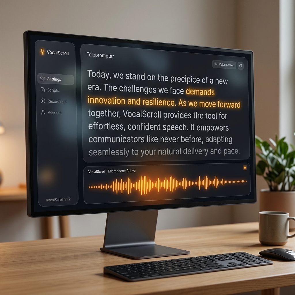 Application de téléprompteur vocal VocalScroll affichant un script défilant avec suivi de la parole en temps réel